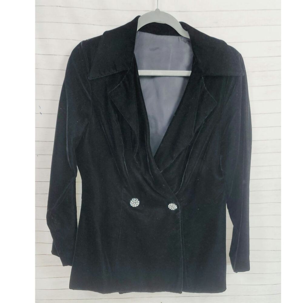 ELINOR GRAY VINTAGE CRUSHED VELVET BLAZER IN BLACK w RHINESTONE BUTTONS, sz 14